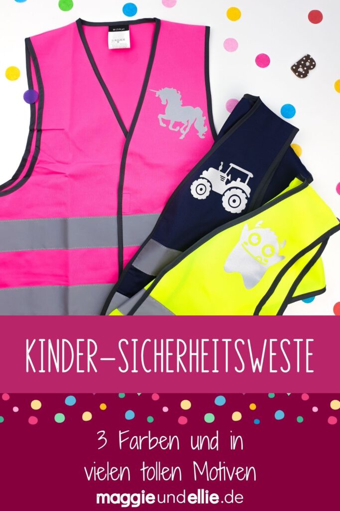 Kinder-Warnweste, Reflektorweste, Sicherheitsweste mit Motiv und personalisiert mit Namen in blau, pink rosa und gelb