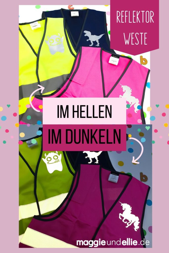 Kinder-Warnweste, Reflektorweste, Sicherheitsweste mit Motiv und personalisiert mit Namen in blau, pink rosa und gelb