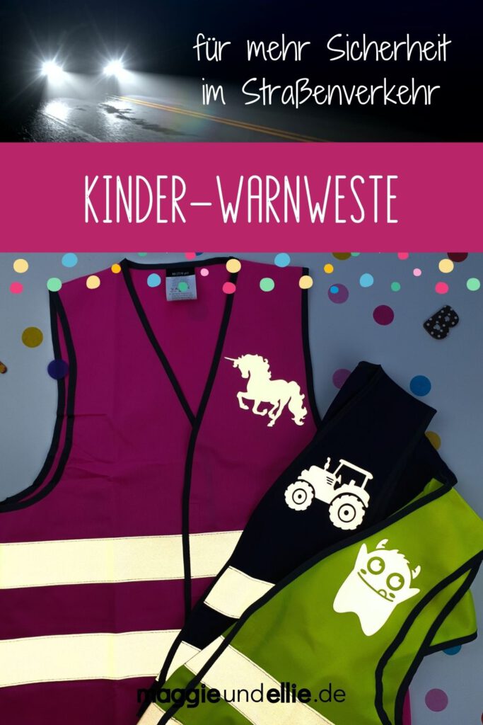 Kinder-Warnweste, Reflektorweste, Sicherheitsweste mit Motiv und personalisiert mit Namen in blau, pink rosa und gelb